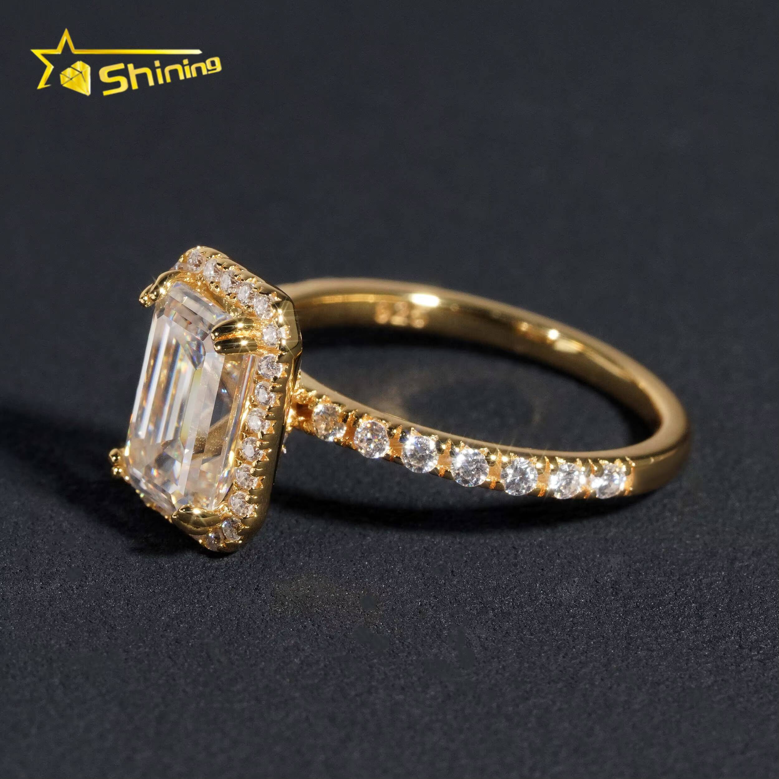Wholesale Classic Gold Plated Vvs Moissanite Diamond 925 Silver Emerald Cut Halo Women Engagement Wedding Rings
