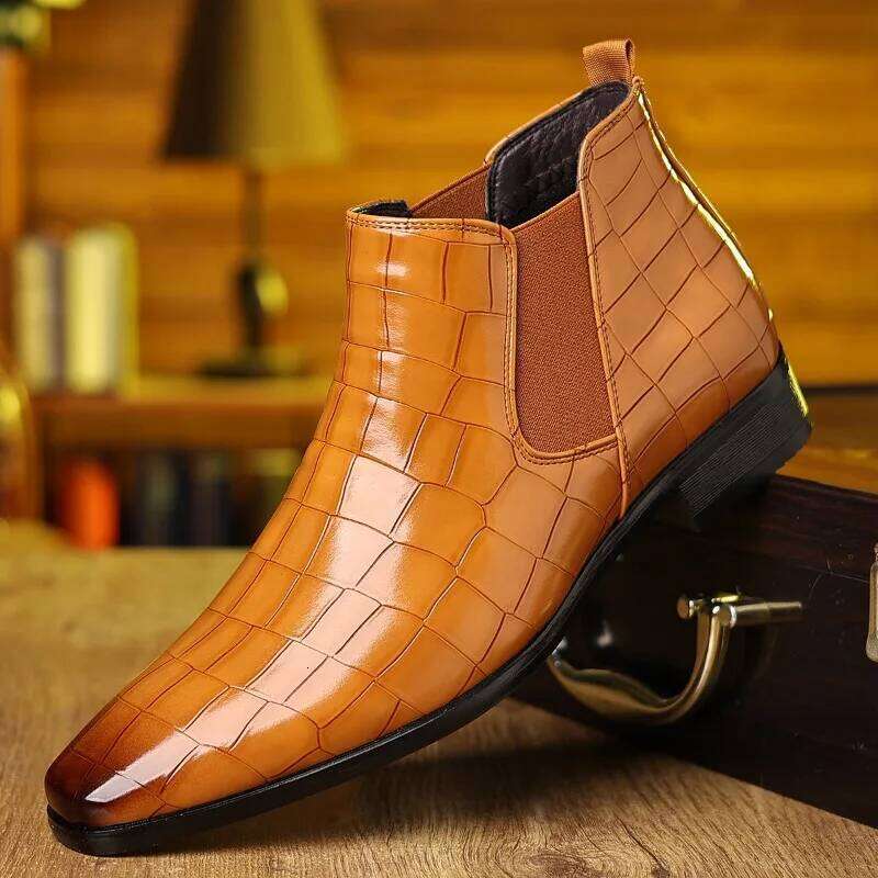 Big Size Stone Pattern Dress Shoes for Autumn Winter Soft-soled Men Leather NewPlatform Chelsea Boots Male LEENO LENS