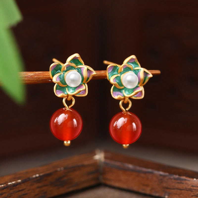 French Style Designer Earring Chinese Red Agate Camellia Rose Flower Jade Pearl Stud Earring Elegant 925 Silver High-end Jewelry wholesales drop shipp