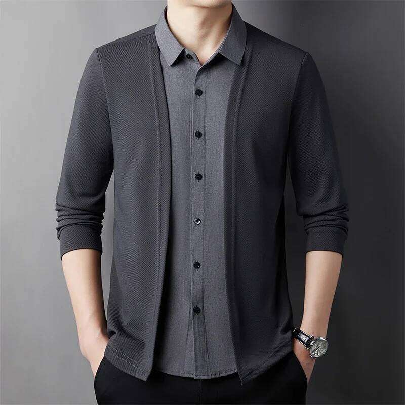 2025 Men's Casual Long Sleeved Shirt Fake Two Piece Comfortable Outdoor Cardigan Korean Version Fashionable Versatile Top