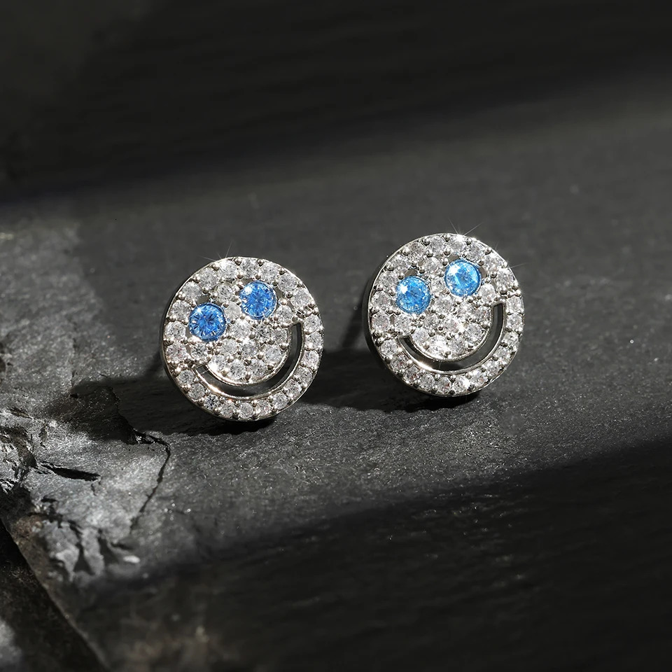 TrendMen Hiphop Rock Smiling Laugh Face Copper Zirconia Stud Earrings For Men Gold Color Metal Crystal Party Jewelry Ears Gifts 251224