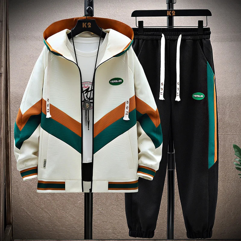 Spring Autumn Mens Sets Korean Fashion Joggers Suit Men Casual Men patchwork Streetwear Hooded Tracksuit Men Two Piece Set 251225