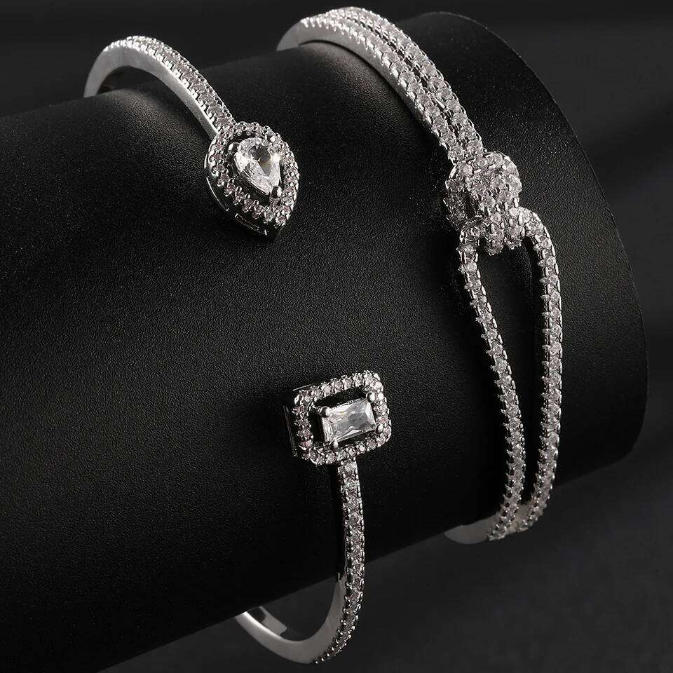 ZAKOL 2 Pcs Brilliant AAA Cubic Zirconia CC Shape Open Bracelet Water Drop Crystal Zircon Bangle Women's Wedding Jewelry