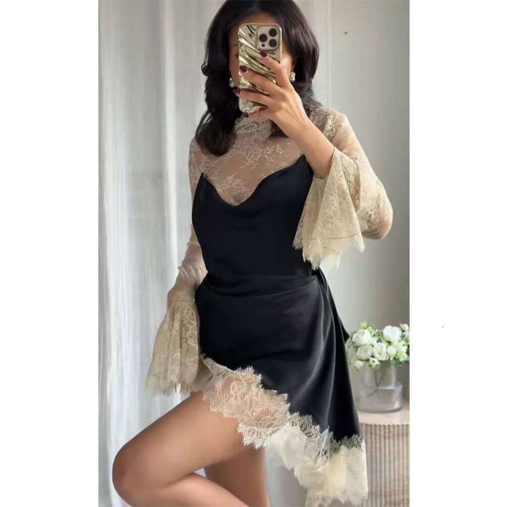 Sexy Lace Patchwork Mini Dress Lady Elegant Full Flared Sleeve Waist Cinching See Through Short Dresses Women Club Party Gowns