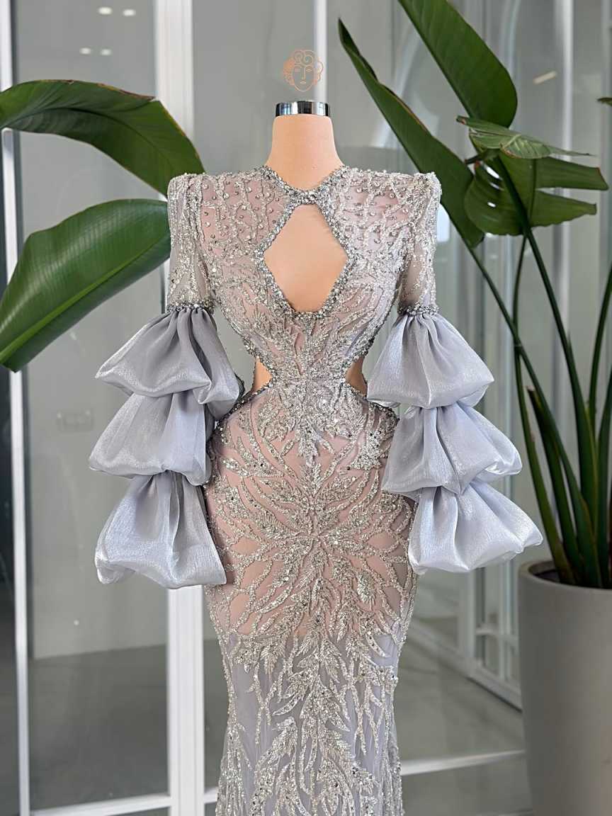 Silver Beading Cocktail Prom Dresses Elegant Puffy Long Sleeves Mermaid Evening Dresses Party Gown Robes De Customized