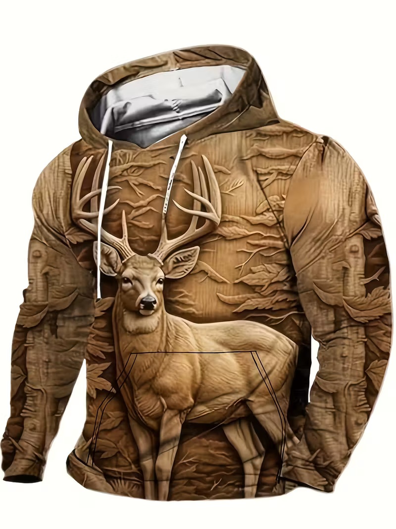 Retro Outdoor-Style Men's Hooded Sweatshirt 3D Woodcarving-Effect Full-Print Buck Design Relaxed-Fit Casual Pullover Hoodie