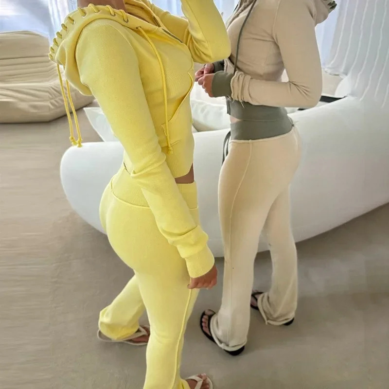 Womens Casual Suit with Brushed and Contrasting Straps Hooded Long Sleeved Cardigan Slightly Flared Long Pants 251224