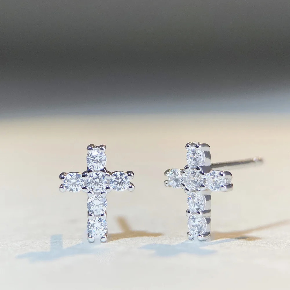 white gold solid platinum PT950 Moussan Earrings Unisex Hip-Hop Cross 251224