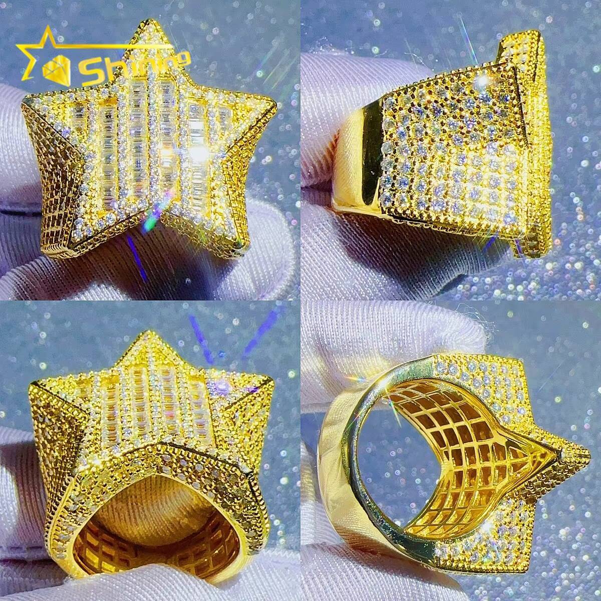 Sterling Silver 925 Fine Jewelry Rings Iced Out Vvs Moissanite Diamond Hip Hop Lab Diamond Jewelry Star Ring