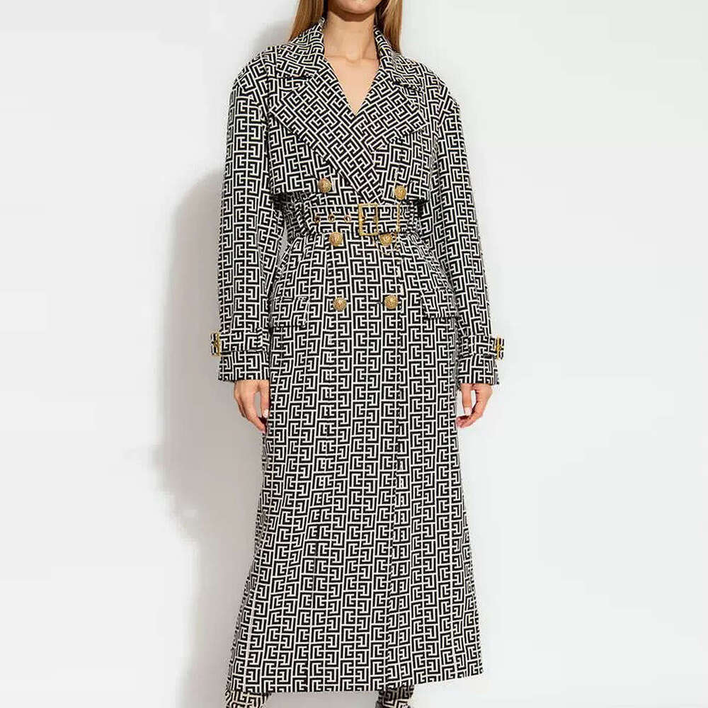 HIGH STREET Newest Fall Winter 2023 Designer Women's Lion Buttons Geometrical Monogram Jacquard Belted Trench OverCoat