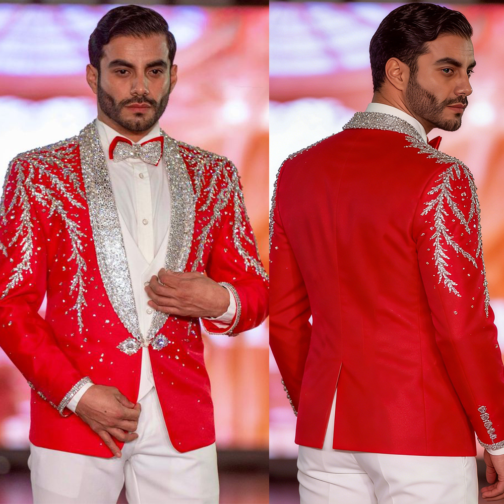 Stylish Men Suits Shawl Lapel Appliques Jacket 2 Pieces Tailor-Made Crystal Blazer One Button Groom Customized Coat White Pants Plus Size