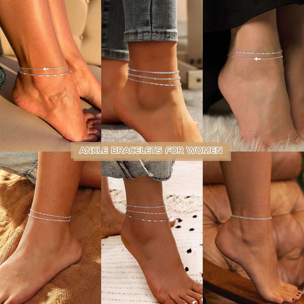 Cross-Border Best- Cross Inlaid Cuban Stainless Steel Braided Satellite Chain Anklet Layering Set