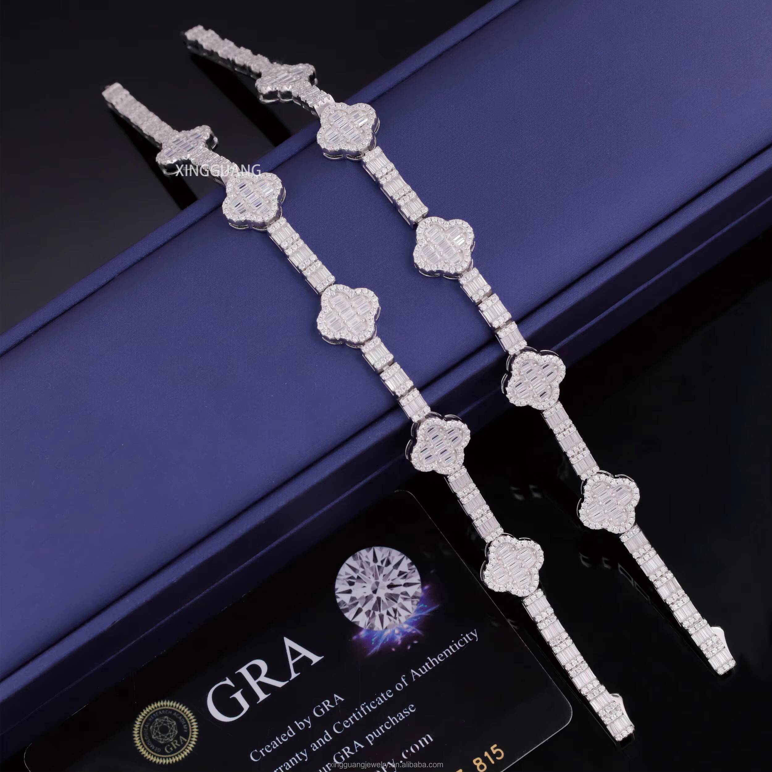 Baguette Clover 925 Sterling Silver Tennis Bracelet Custom Colorful Moissanite Fashion Jewelry for Gifts Parties Weddings