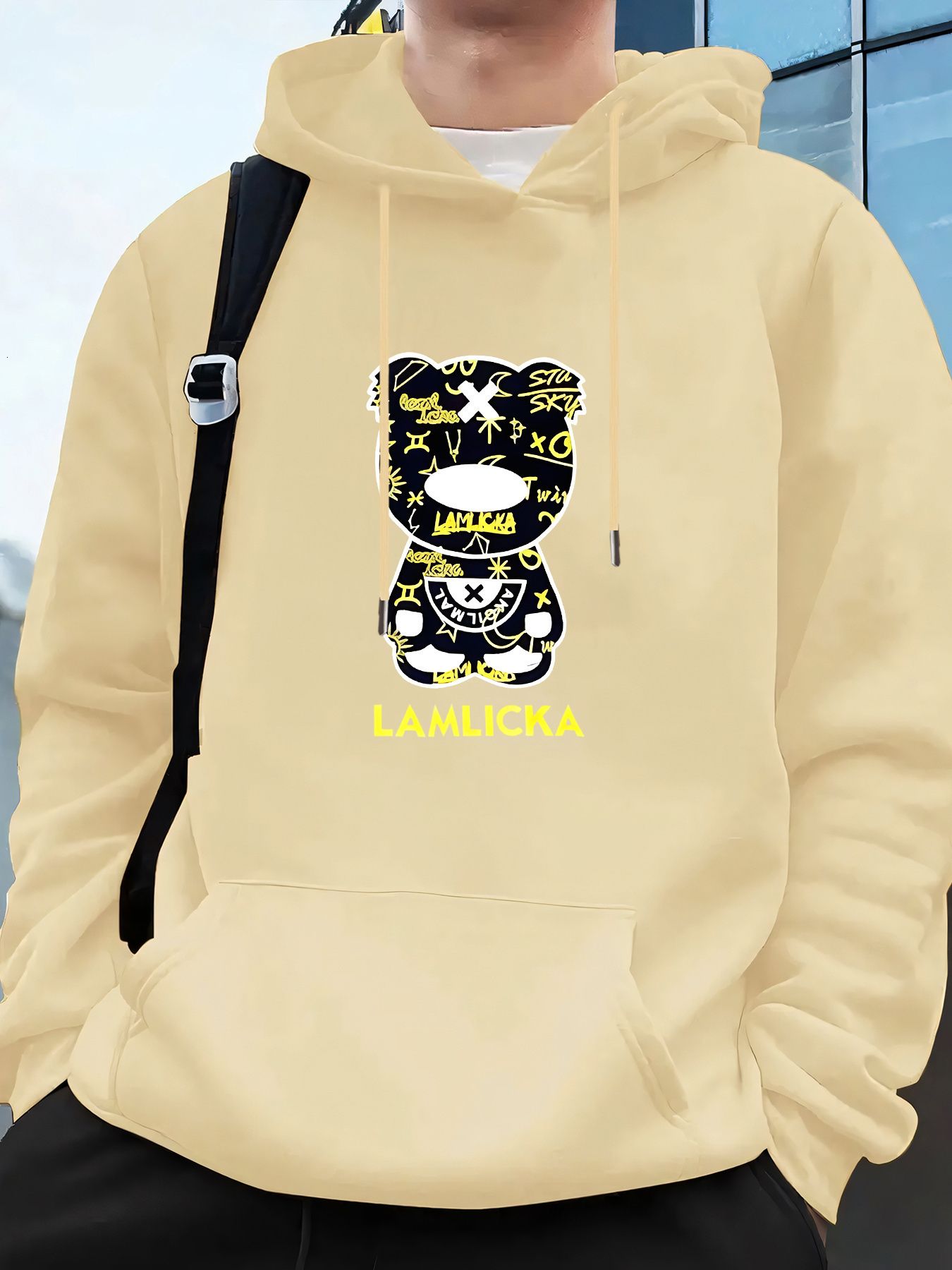 Men's Graphic Print Hooded Sweatshirt - Soft Polyester Blend Pullover with Front Pocket, Bold Yellow Bear & LA MIKKA Text Design, Machine Washabl