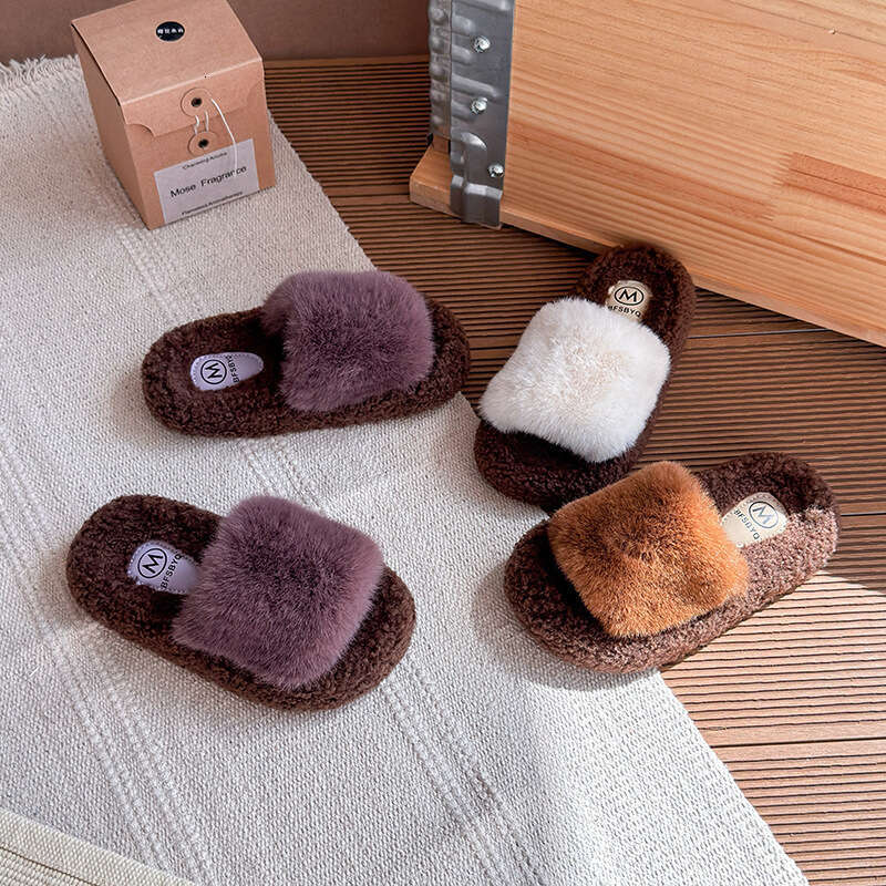 Ins Slip-On Furry 2025 Autumn Winter New Korean Style Girls' Outdoor Thick-Soled Plush One-Word Cotton Slippers