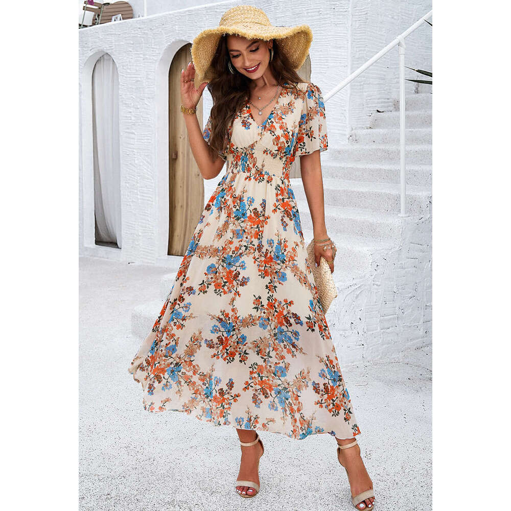 Dress for women Elegant Printed Waist-Cinching Short Sleeve Chiffon Dress, 2026 Spring Summer New European and American Vacation Outfit