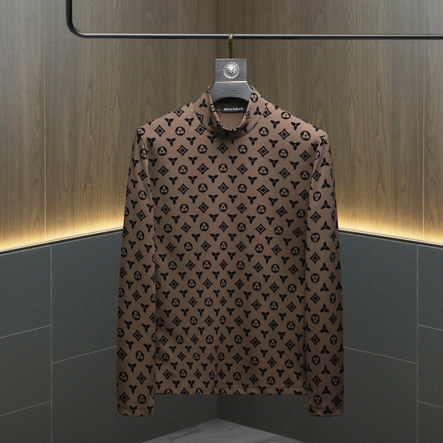 free shipping 2026 spring autumn new men's half high neck long sleeved high-quality printed T-shirt inner cloth black coffee green grey