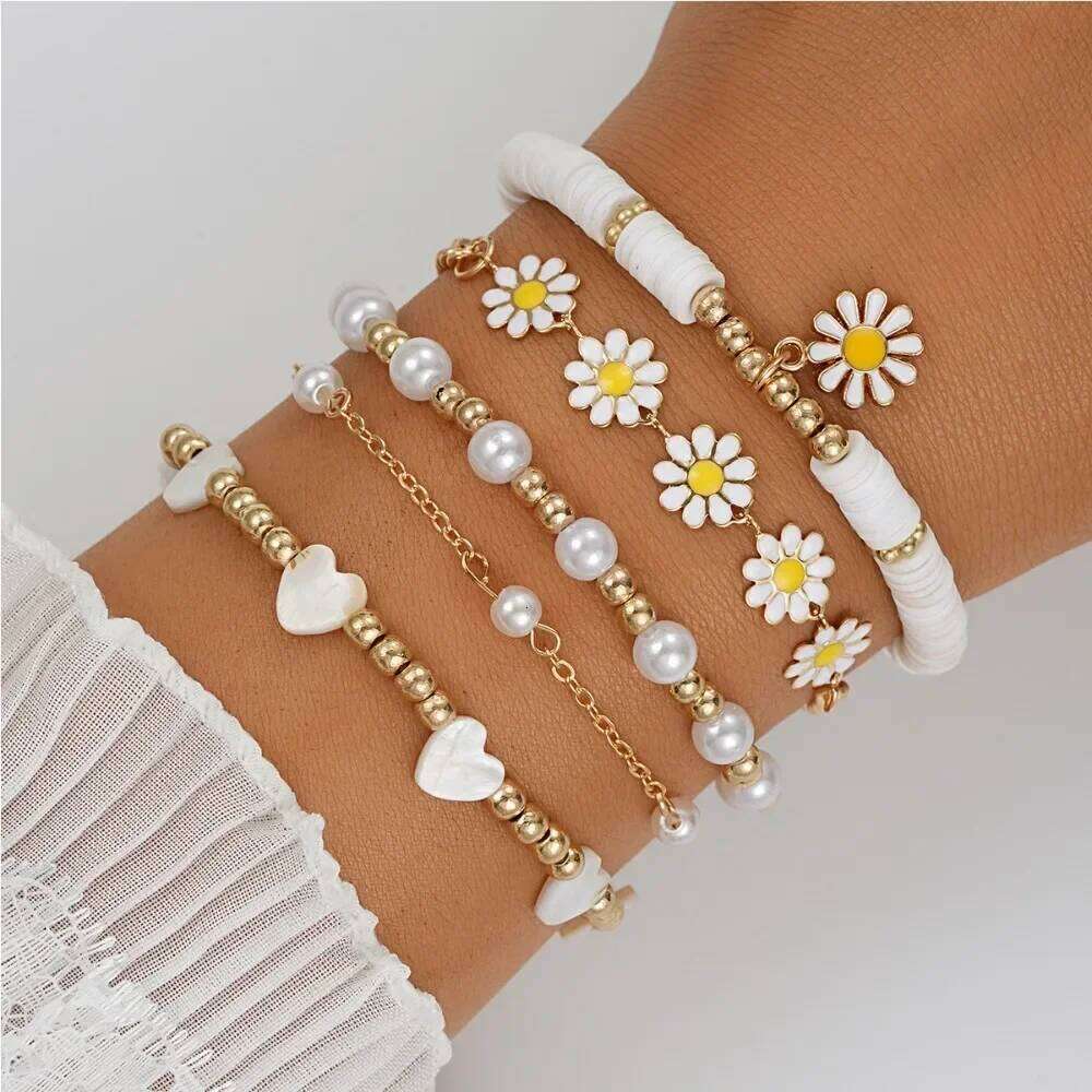 5pcs Charm Daisy Flower Pearl Heart Bracelet for Women Personality Trendy Multilayer Gold Color Zircon Jewelry Set Gift 25H1229