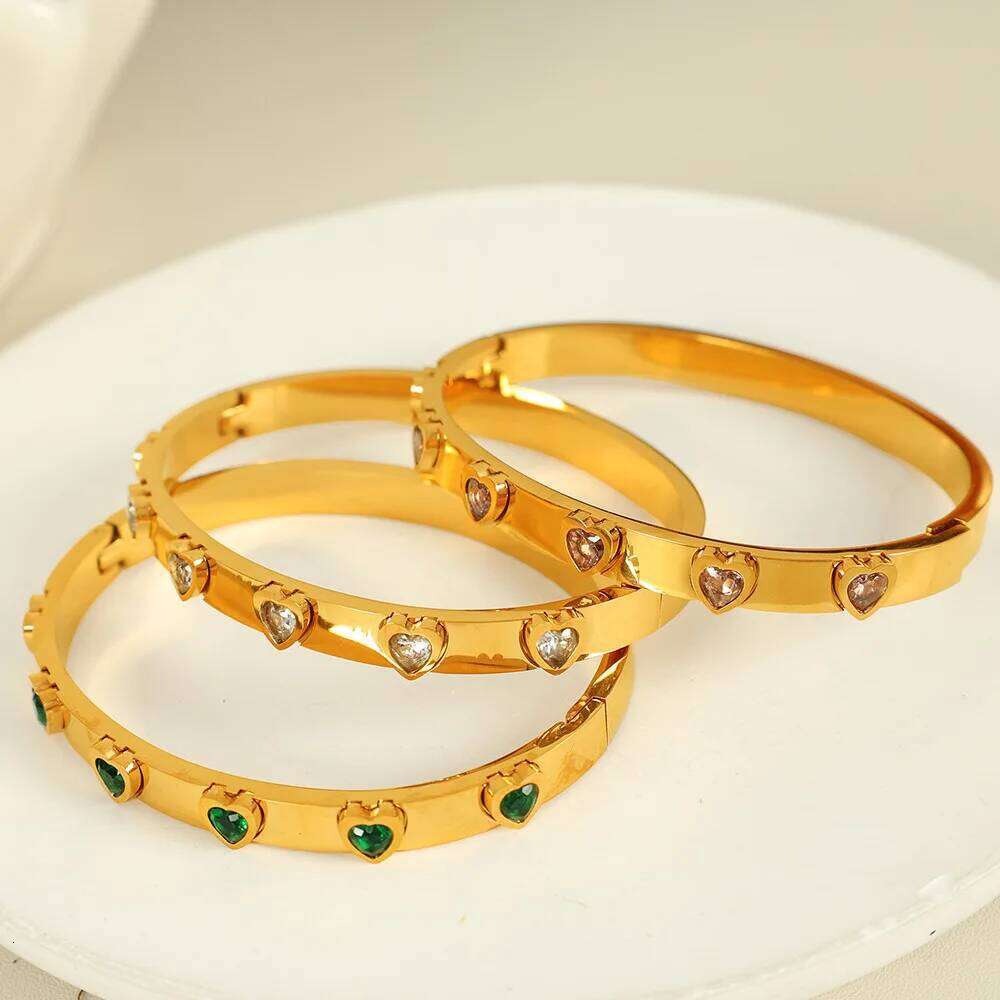 ZAKOL Green Pink Cubic Zirconia Heart Stainless Steel Bangles Bracelets for Women 18K Gold Plated Jewelry Valentine's Day Gift