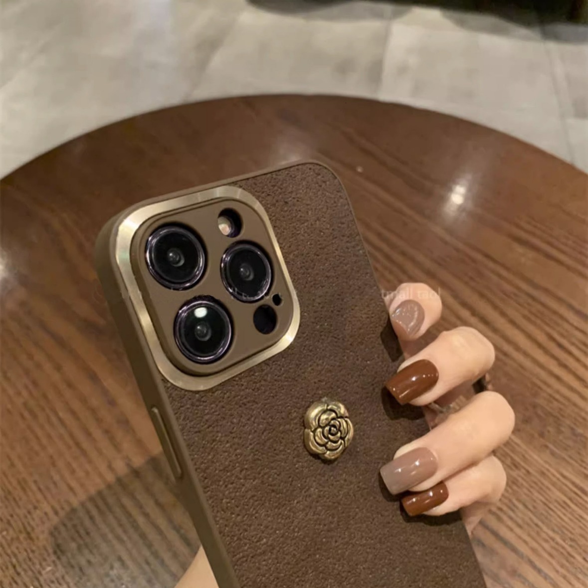 Golden Circle Camellia Compatible Apple Pro Phone Case with Lanyard Simple iPhone 16 Shockproof 13 Protection