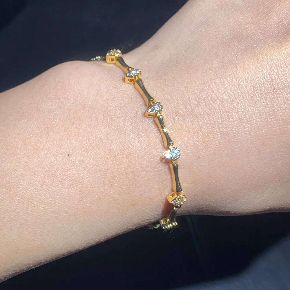 Gold Color CZ Tear Drop Charm Bamboo Bone Shaped Tennis Chain Fashion Women Bracelet 25H1229