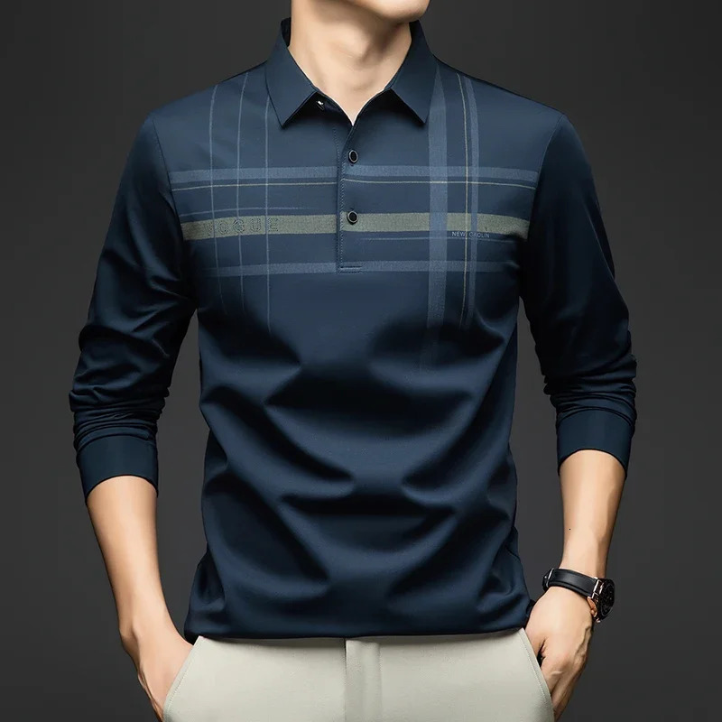 BROWON Polo T Shirt for Man 2025 Formal Business Slim Long Sleeve Tshirt Men Casual Loose Stripe Clothes 251219