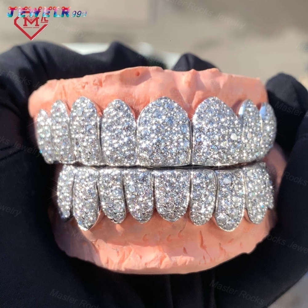 Master Rocks Custom 10k 14k 18k Gold Plated Silver Teeth Grillz Iced Out Moissanite Diamond Grills Teeth Grillz