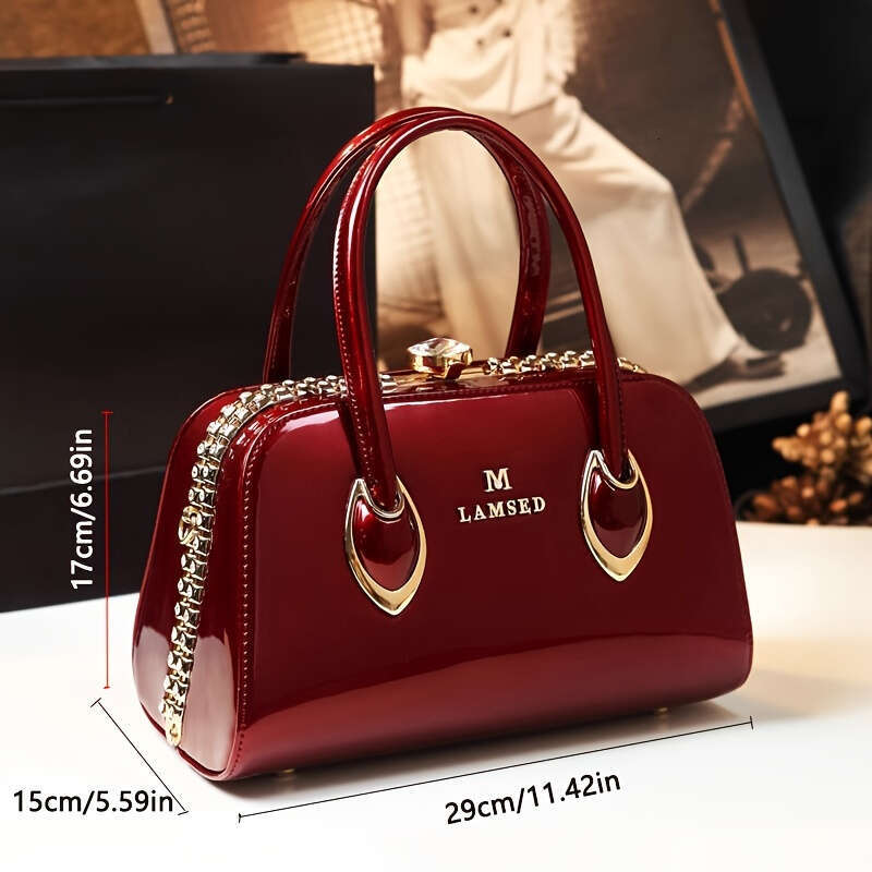 JINXIANGGUO M LAMRED Elegant Red Handbag Golden Tone Accents Classic Satchel Bag With Rhinestone Embellish Glossy Finish Polyester Lined Non Washable 