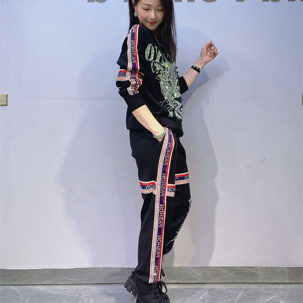 And American Women's Clothing Colorful Ribbon Splicing Long Sleeve Knitted Sweater Plus Size Trendy Brand European Goods Heavy Craft Rhinestone T