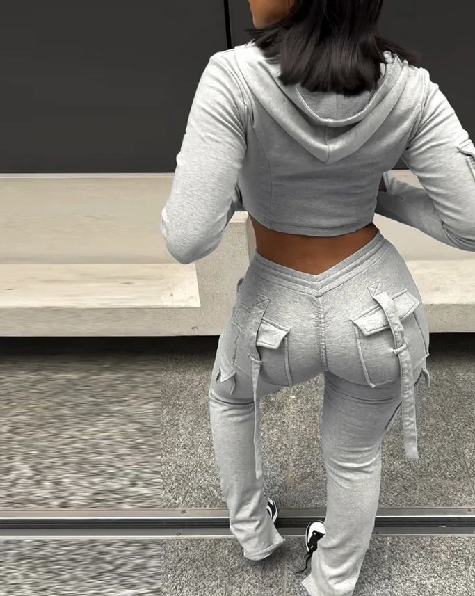 Zipper with Exposed Navel Hooded Sweatshirt and Drawstring V-Shaped Waistline Work Pants Sports Pants Long Pants Set 251224