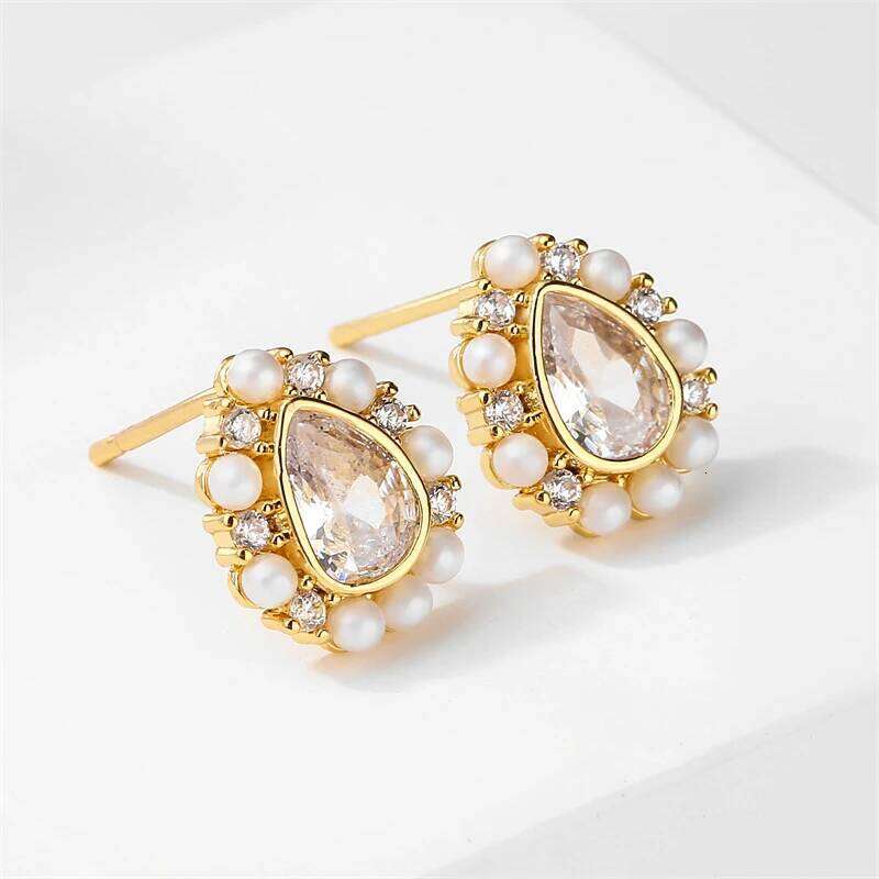 Korean Round Imitation Pearl Stud Earrings for Women Cute Water Drop Zircon Wedding Earring Party Jewelry 2023 New