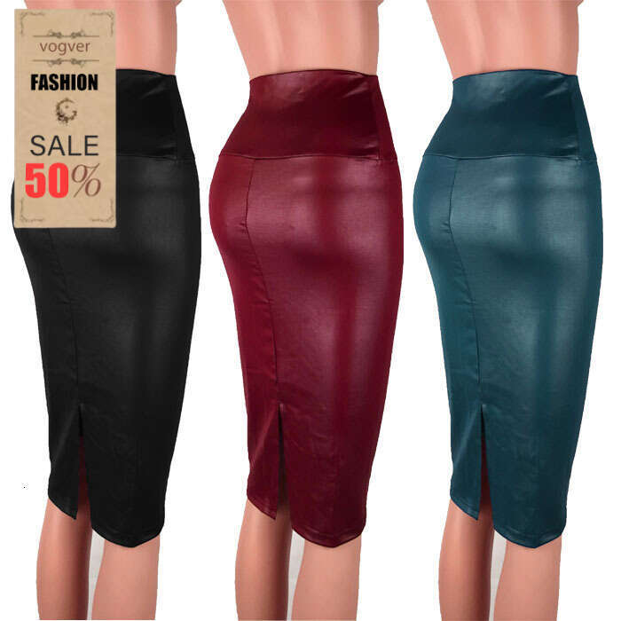 Women's Pencil Skirt Stretchy High Waist Leather Brown Midi with Side Split for Daily Office Leather Waist Knee-Length Bodycon Versatile High