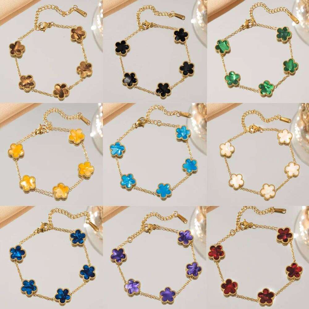 Double Sided Five-Leaf Flower Bracelet For Women Adjustable 18k Plated Gold Stainless Steel Five Point Star Clover Party Jewelry 25H1229