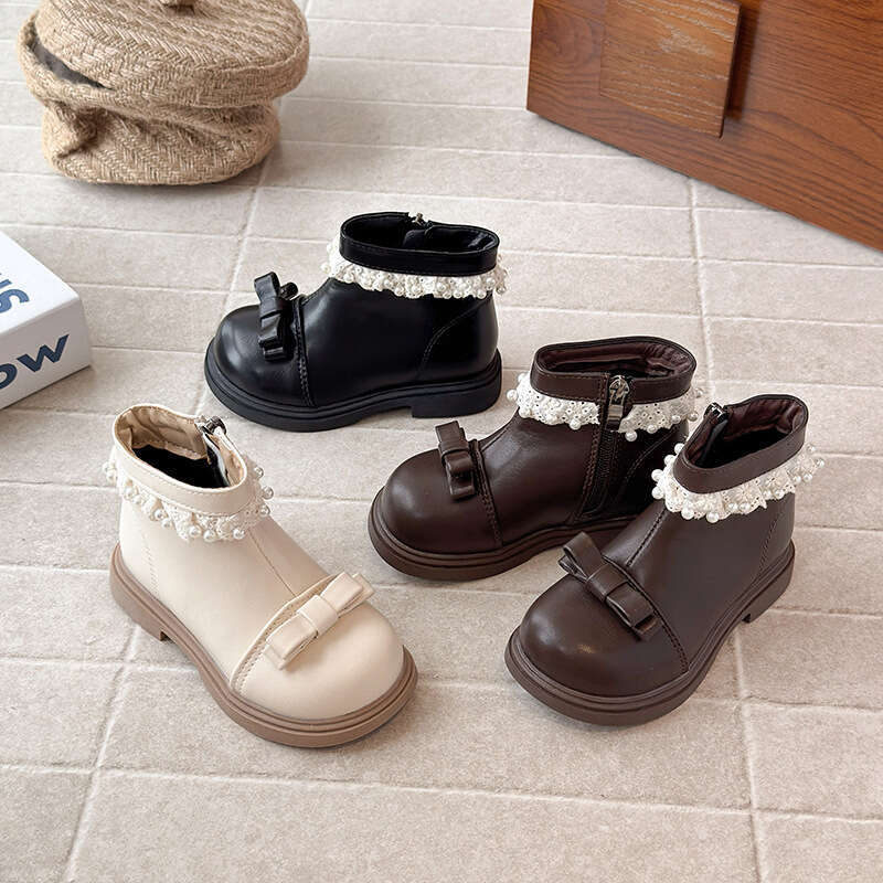 Ins British Style Martin 2025 Autumn Winter New Korean Version Girls' Bowknot Pearl Lace Fleece-Lined Short Boots
