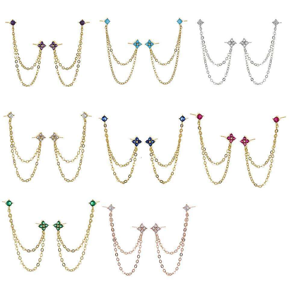 ZAKOL 1 Pair Colored Zircon Four-leaf Flower Stud Earrings Piercing Chain Helix Tragus Cartilage Ear Accessories for Women