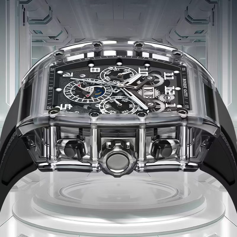 Elegant Mens' Bentley Chronograph Wristwatch Featuring Clear Acrylic Housing