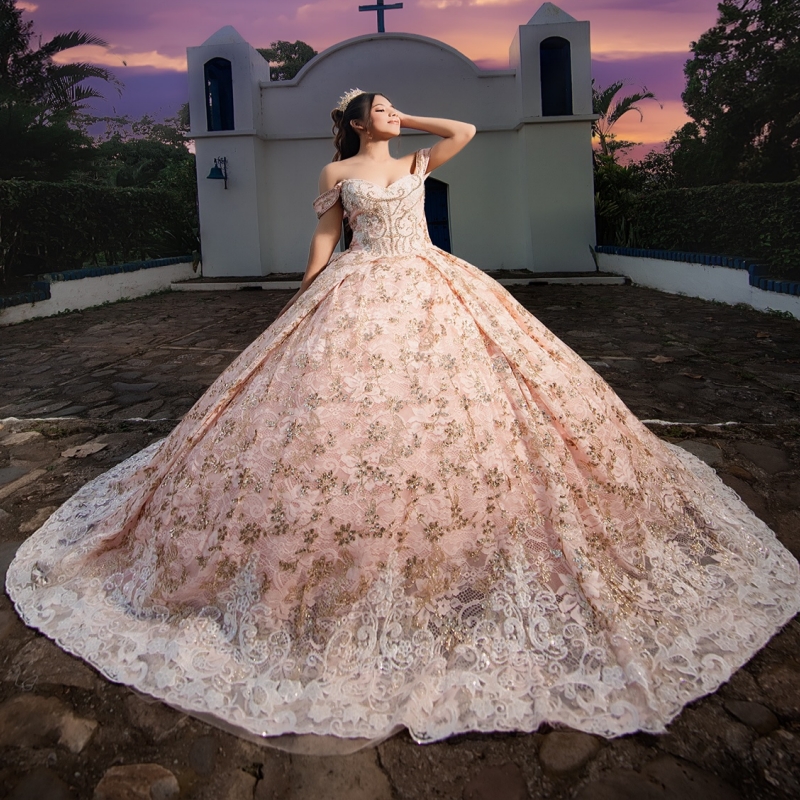 Pink Shiny Quinceanera Dresses Ball Gown Off The Shoulder Applique Lace Beading Crystal Bow Tull Corset Party Birthday Sweet 16 Dres Vestidos 15 Anos