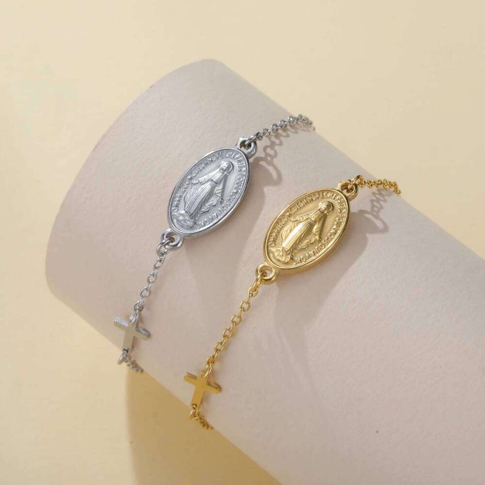 Lucktune Virgin Mary With Cross Pendant Stainless Steel Beads Chain Bracelets For Women Religious Amulet girls jewelry 25H1229