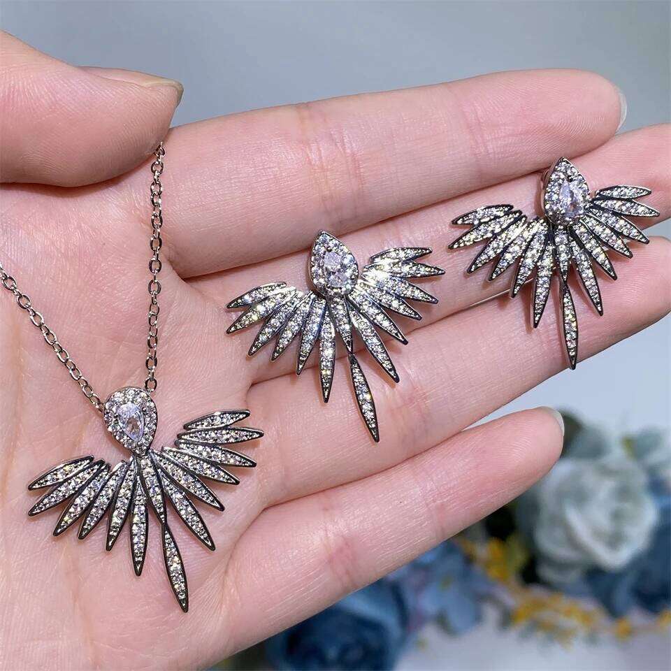 ZAKOL Vintage Full Micro-intact Zircon Feather Wing-shaped Earring Necklaces for Women Ins Trendy Aesthetic Bridal Accessories