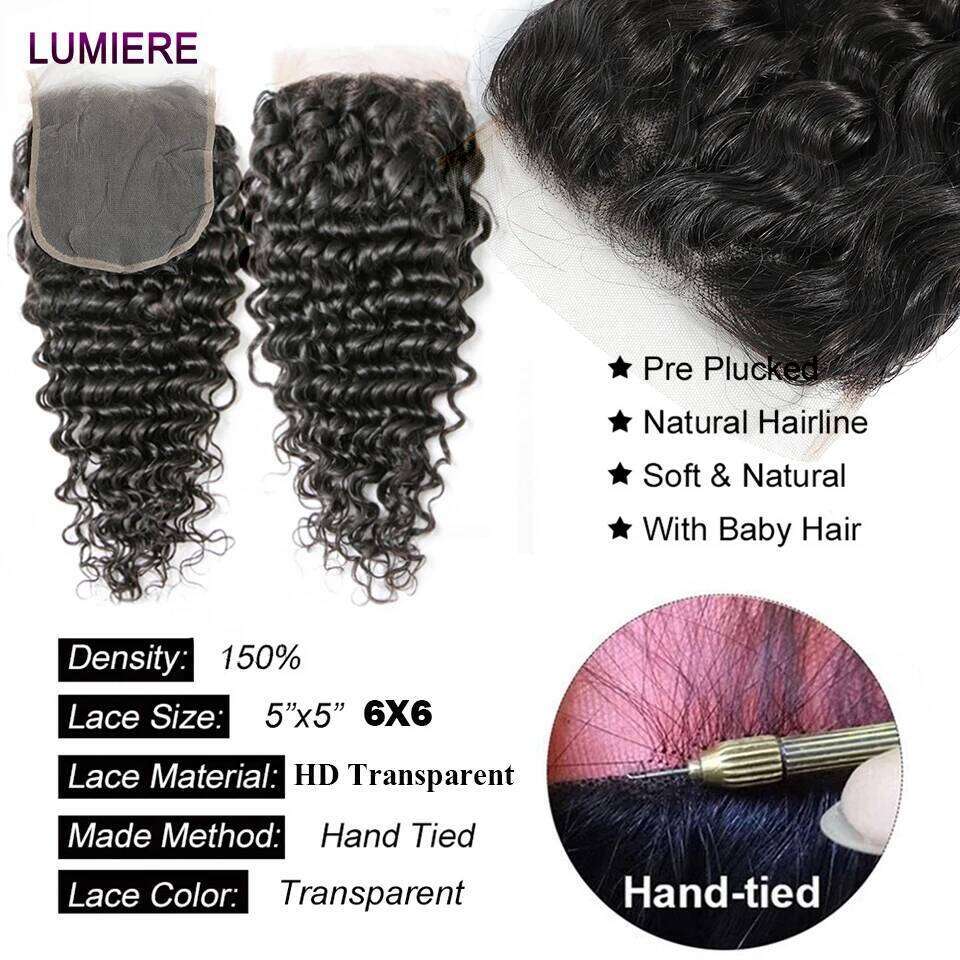 32 40 Deep Curly Wave Human Hair Bundles Frontal 5X5 6X6 HD Lace Closure With Bundle
