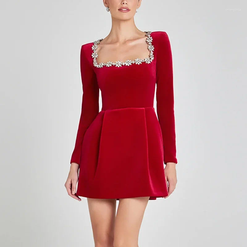 Casual Dresses TARUXY Elegant Square Neck Diamond Short Velv - view 7