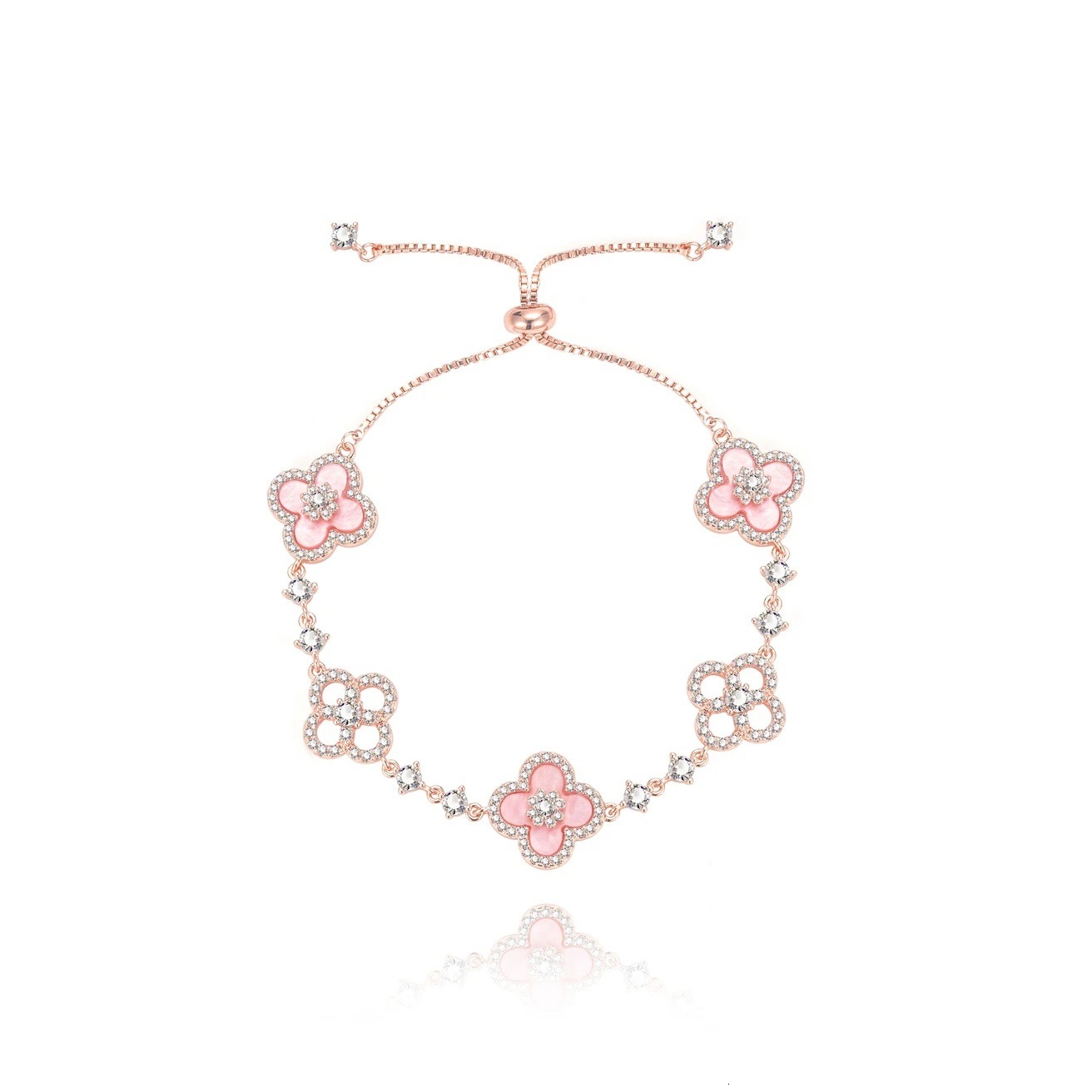 Luxury Brand Designer Jewelry Fashion Diamond-Studded Shiny Imitation Natural Pink Shell Hollow Lucky Four-Leaf Clover Pull Bracelet For Women Niche L