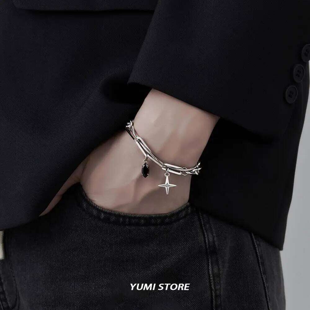 2025 Retro Black Star Titanium Steel Bracelet For Men Women Trend Hip Hop Unisex Jewelry Cool Stuff Kpop Luxury Accessories 25H1229