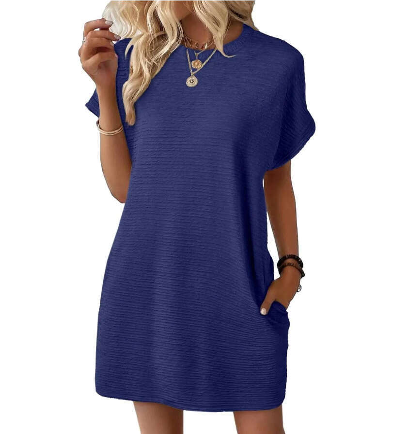 Dress for women European and American Loose Round Neck Pocket Dress, 2026 Summer New Solid Color Short Sleeve Beach Cover-Up