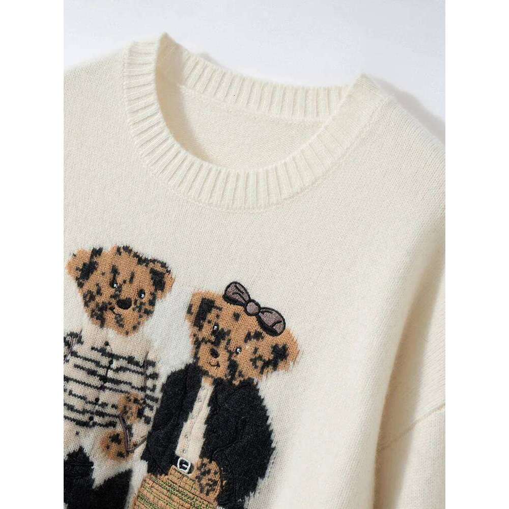 Women 100% Cashmere Sweater Embroidery Bears Pattern Cute O Neck Pullover Autumn Winter Cozy Fashion Warm Korean Tops