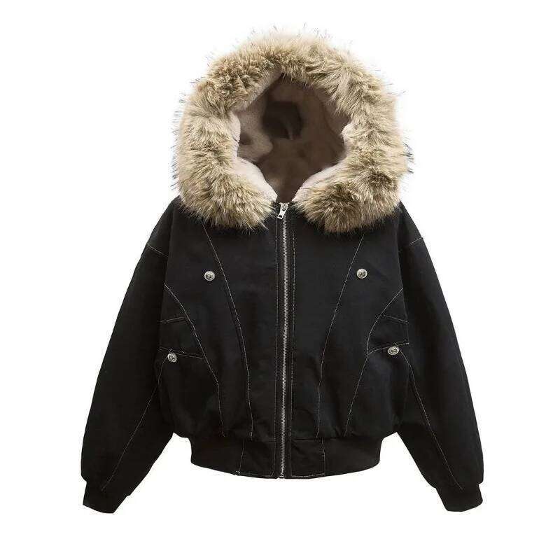 Y2K New American Cleanfit Collar Imitation Mink Fur Hooded Cotton-padded Jacket Men Gothic Retro Hip-hop Short Tooling Coat