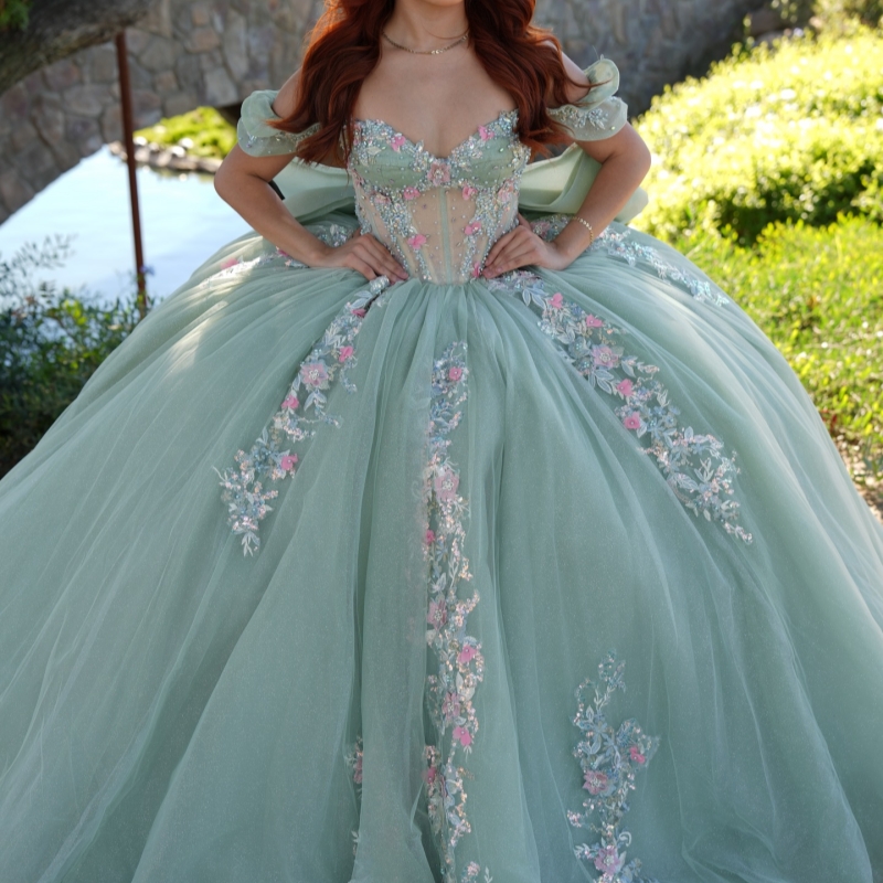 Mint Green Shiny Quinceanera Dresses Ball Gown Off The Shoulder Applique Lace Beading Crystal Bow Tull Corset Party Birthday Sweet 16 Dres Vestidos 15