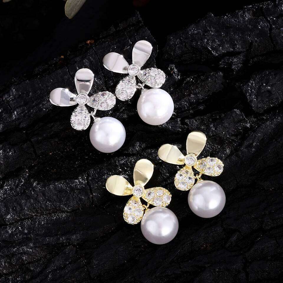 ZAKOL Elegant Four-leaf Flower Imitation Pearl Drop Dangle Earrings for Women Fancy Bride Brilliant CZ Wedding Jewelry