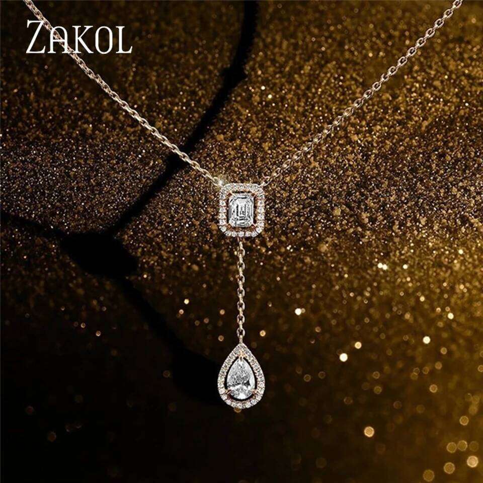 ZAKOL Classic Square Water Drop Zircon Necklace Brilliant Shiny Wedding Party Engagement Jewelry Gifts for Women
