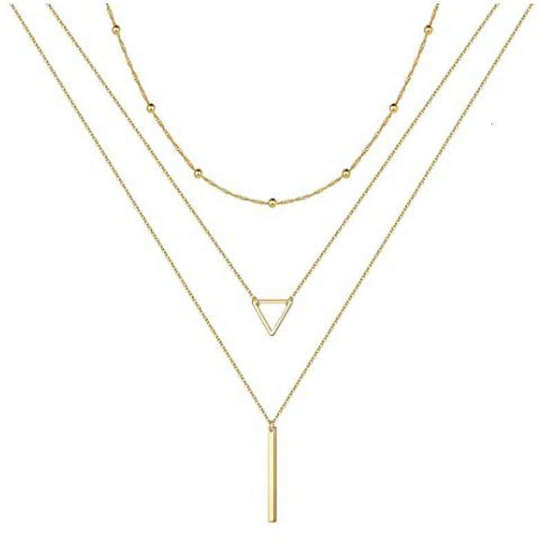 Cross-Border Jewelry Simple Fashion Round Bead Necklace Geometric Triangle Bar Long Pendant Three-Layer Chain